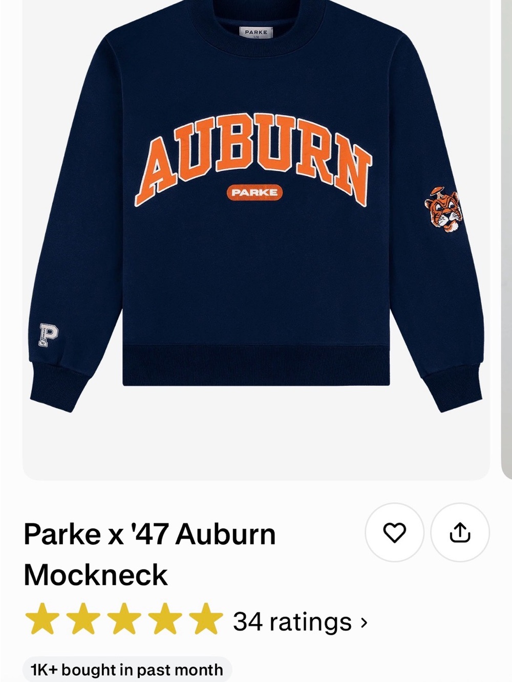 Parke Auburn Mockneck Crewneck Sweater in Navy with Orange Lettering